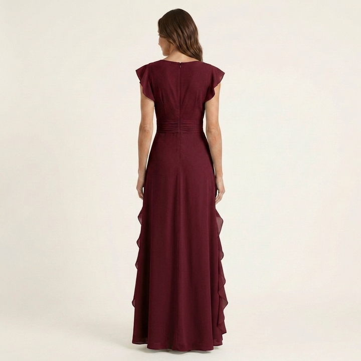 Nellyana - Lässiges Maxikleid mit V-Ausschnitt, Flatterärmeln und Rüschen