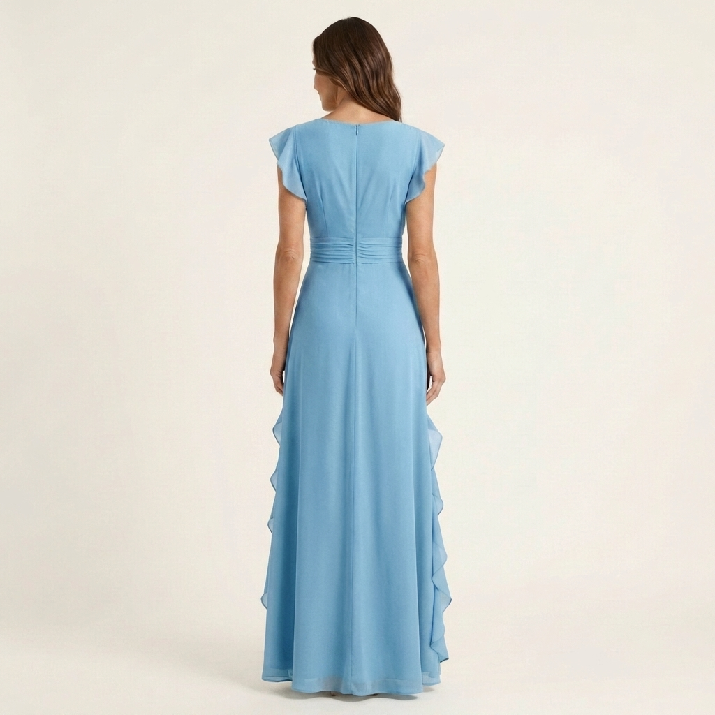 Nellyana - Lässiges Maxikleid mit V-Ausschnitt, Flatterärmeln und Rüschen