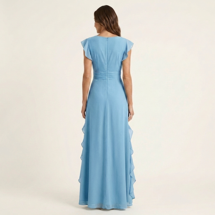 Nellyana - Lässiges Maxikleid mit V-Ausschnitt, Flatterärmeln und Rüschen