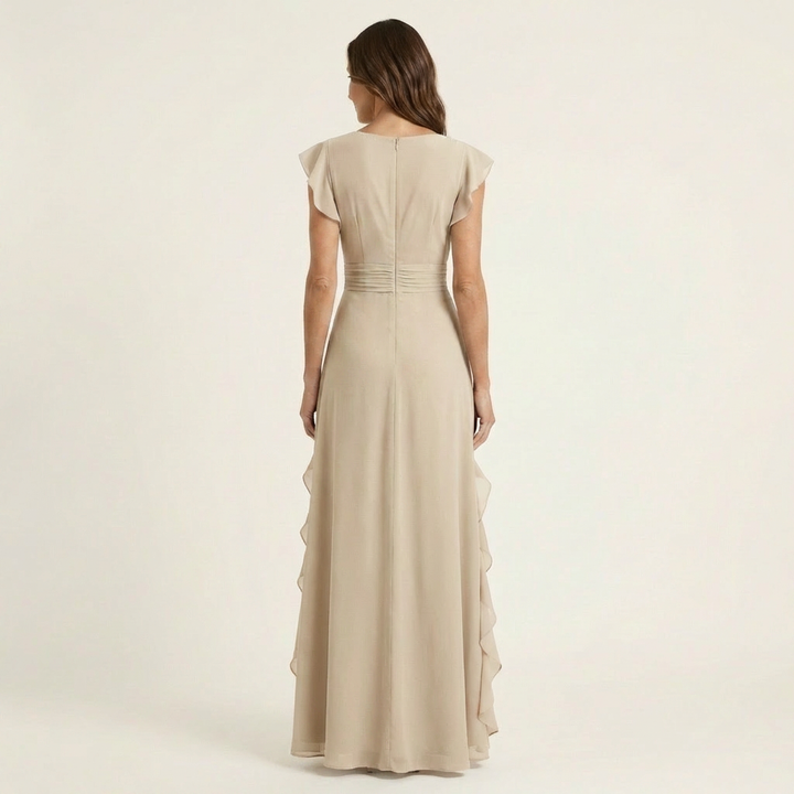 Nellyana - Lässiges Maxikleid mit V-Ausschnitt, Flatterärmeln und Rüschen