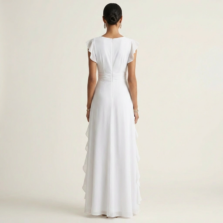 Nellyana - Lässiges Maxikleid mit V-Ausschnitt, Flatterärmeln und Rüschen