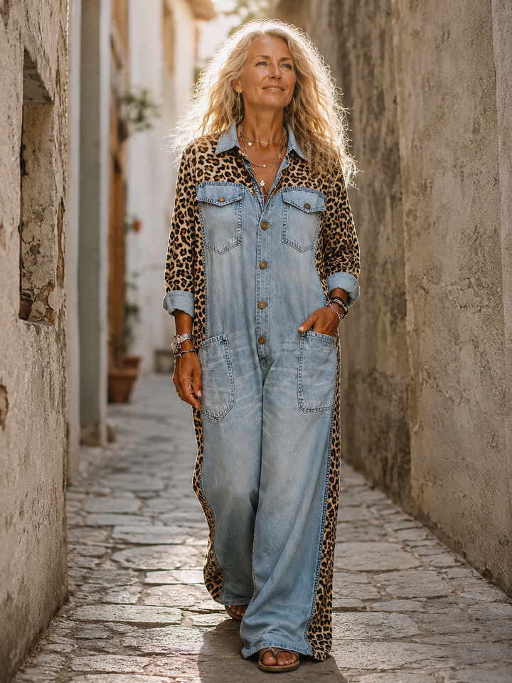 Yasmeen - Leichter Jeans Jumpsuit Mit Leopardenmuster