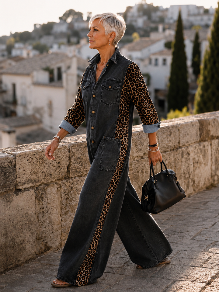 Yasmeen - Leichter Jeans Jumpsuit Mit Leopardenmuster