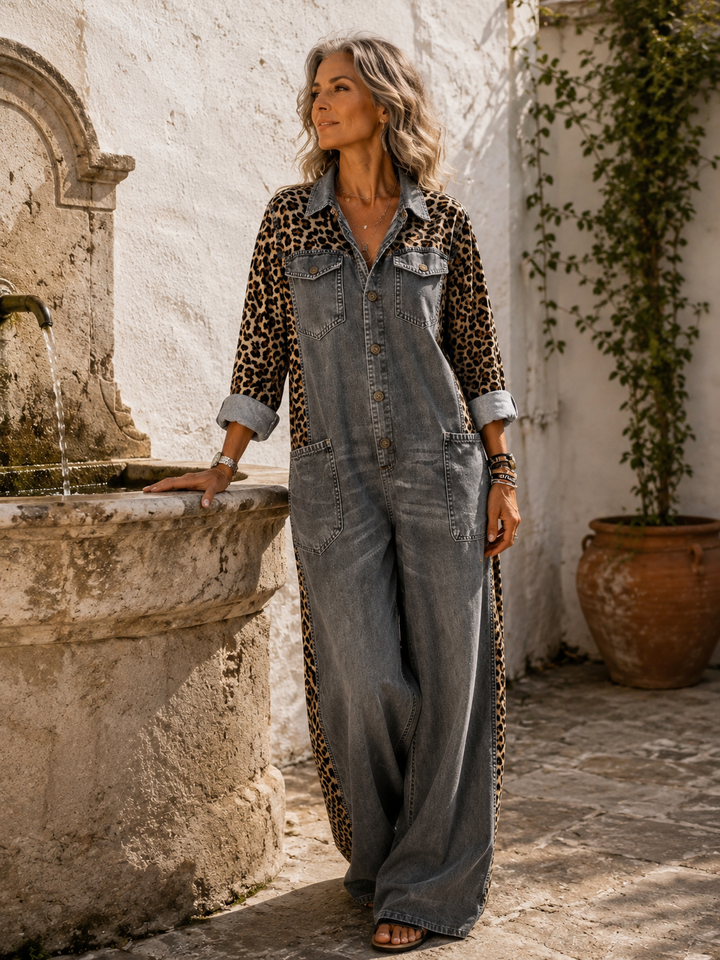 Yasmeen - Leichter Jeans Jumpsuit Mit Leopardenmuster