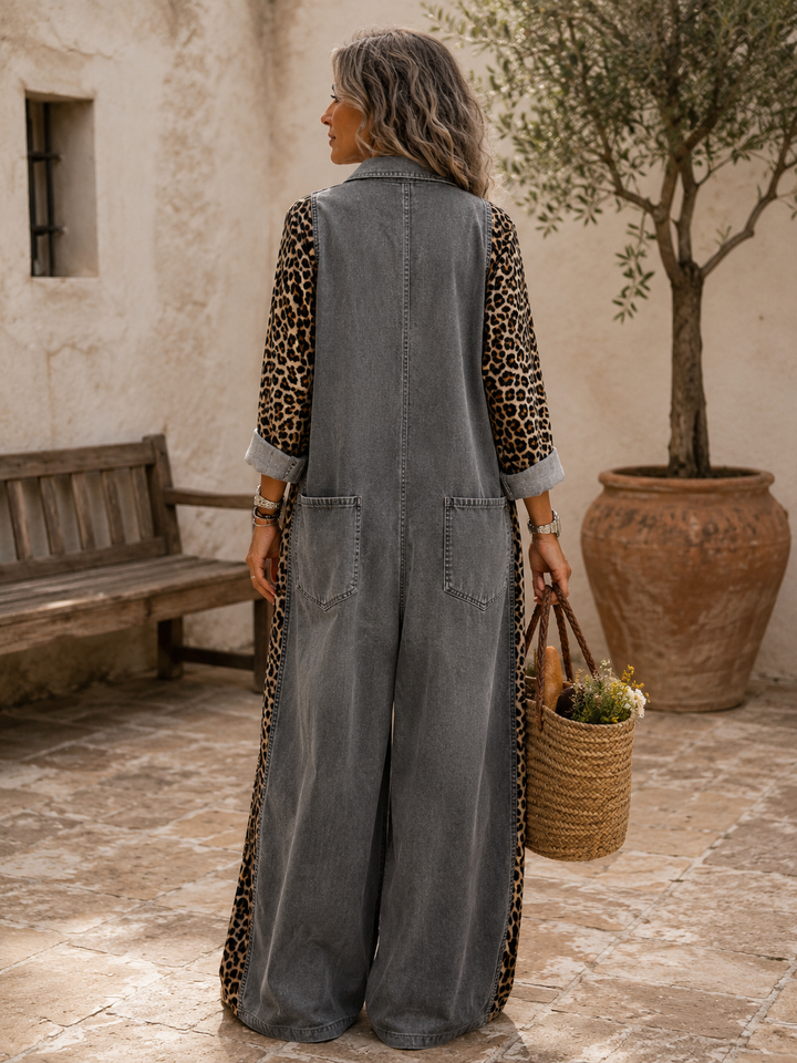 Yasmeen - Leichter Jeans Jumpsuit Mit Leopardenmuster