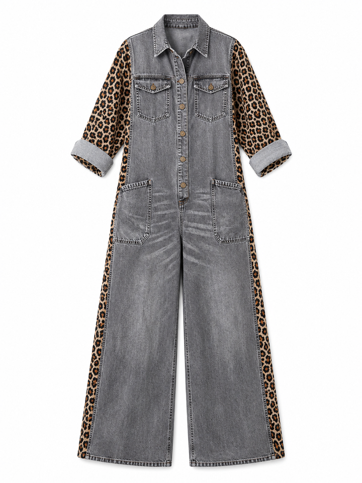 Yasmeen - Leichter Jeans Jumpsuit Mit Leopardenmuster