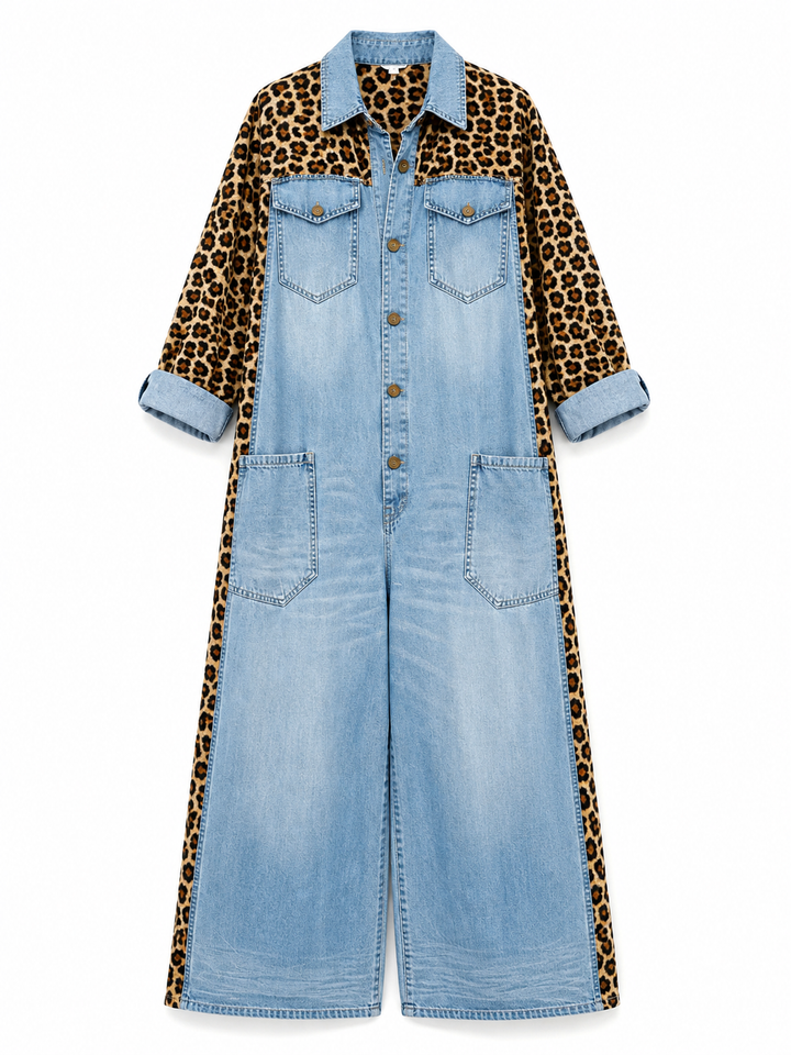 Yasmeen - Leichter Jeans Jumpsuit Mit Leopardenmuster
