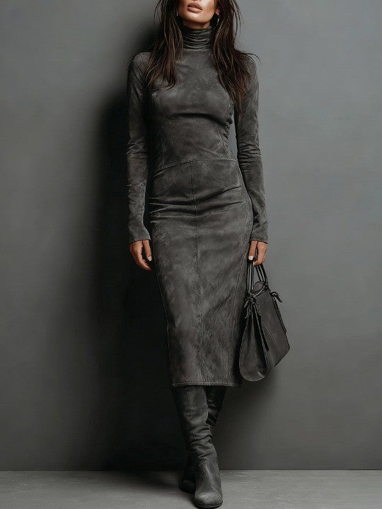 Jelina – Midi Kleid Aus Wildleder Mit Hohem Kragen