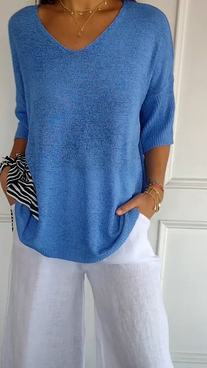 Rosal – Einfarbiger Strickpullover Mit V-Ausschnitt