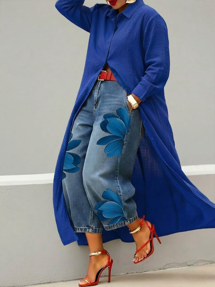 Sherena – Leinenkleid Und Jeans Mit Blumen Muster