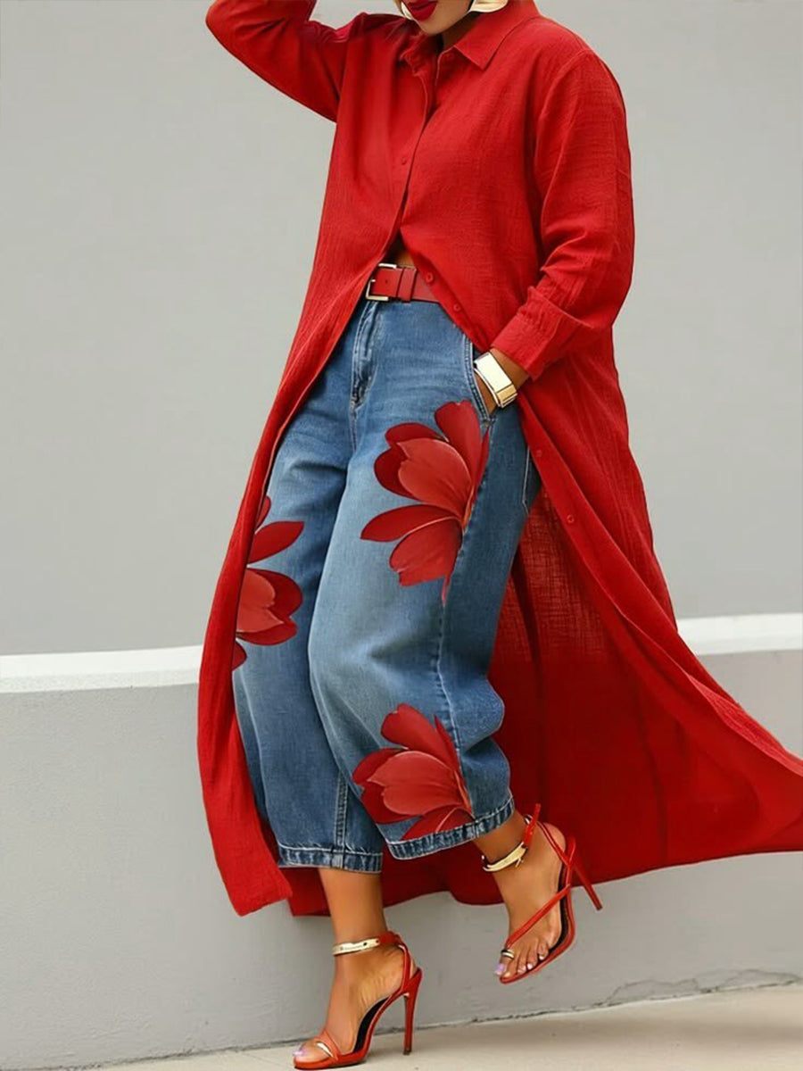 Sherena – Leinenkleid Und Jeans Mit Blumen Muster