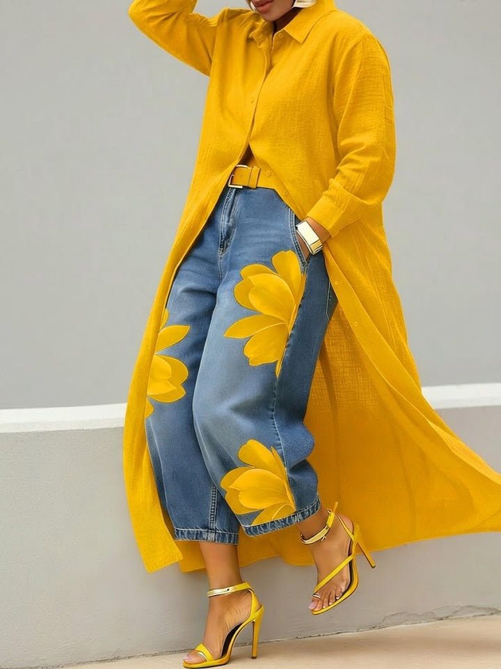 Sherena – Leinenkleid Und Jeans Mit Blumen Muster