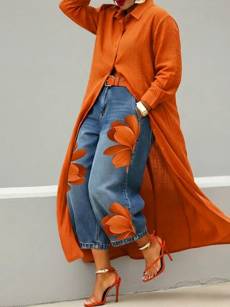 Sherena – Leinenkleid Und Jeans Mit Blumen Muster