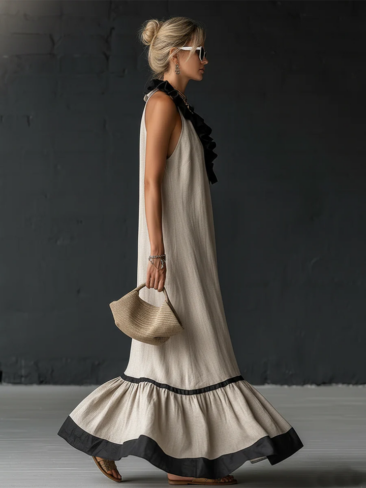 Natja - Rüschenkragen Leinen Maxikleid