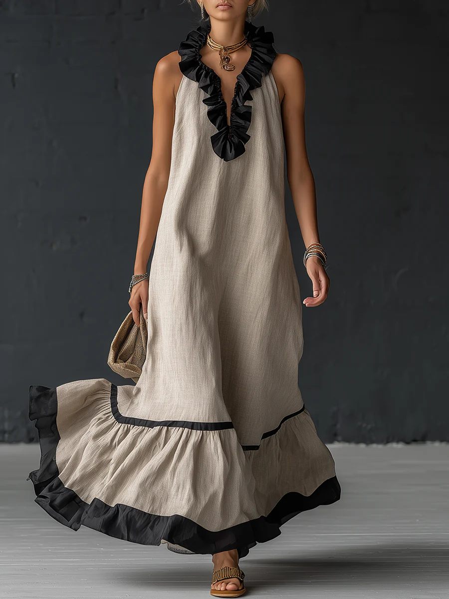 Natja - Rüschenkragen Leinen Maxikleid