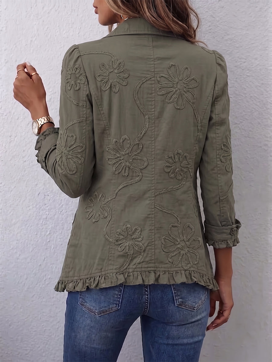 Eloria - Floral Embroidered Button-Front Ruffle Hem Jacket