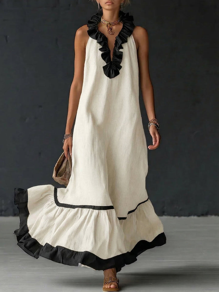 Natja - Rüschenkragen Leinen Maxikleid