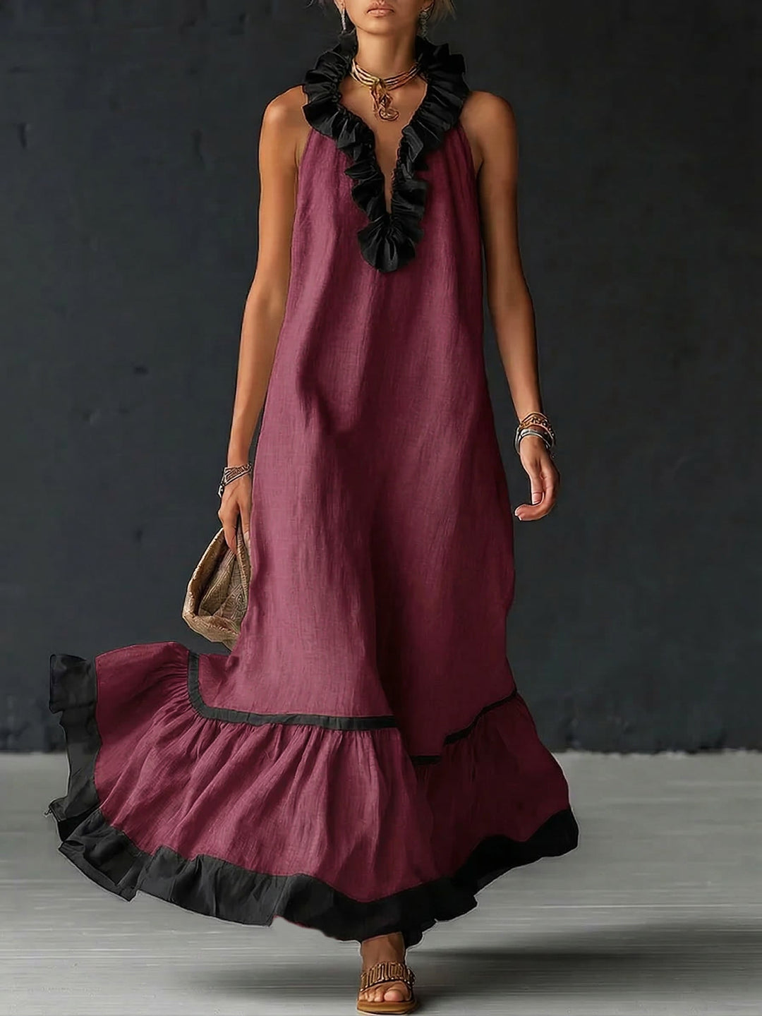 Natja - Rüschenkragen Leinen Maxikleid