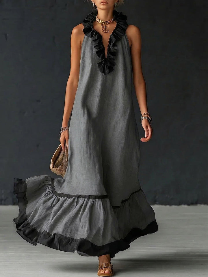 Natja - Rüschenkragen Leinen Maxikleid