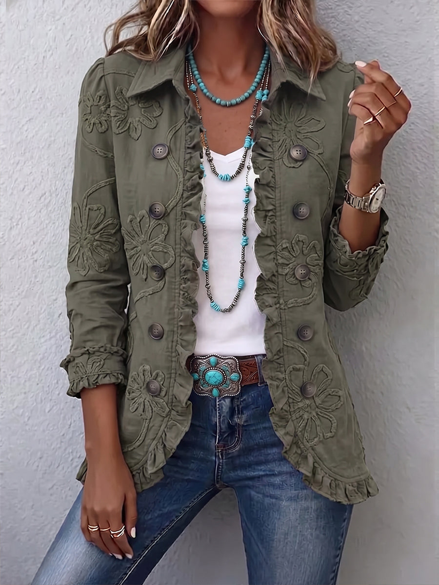 Eloria - Floral Embroidered Button-Front Ruffle Hem Jacket