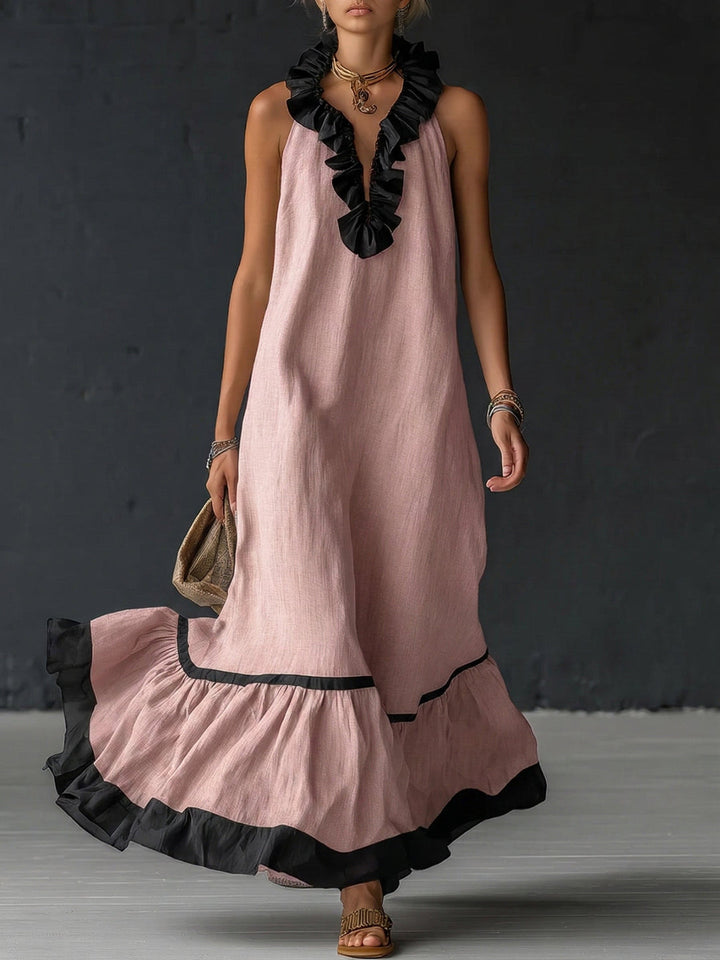 Natja - Rüschenkragen Leinen Maxikleid