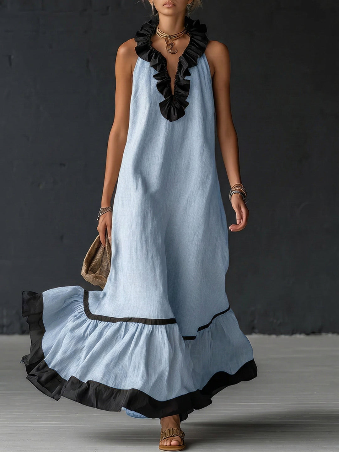Natja - Rüschenkragen Leinen Maxikleid