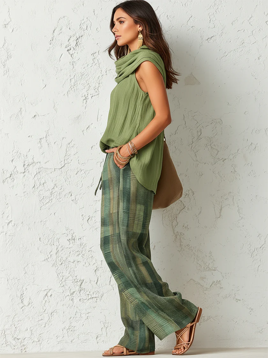 Nidya - Set aus ärmellosem Sage Breeze Top und karierten Weithosen