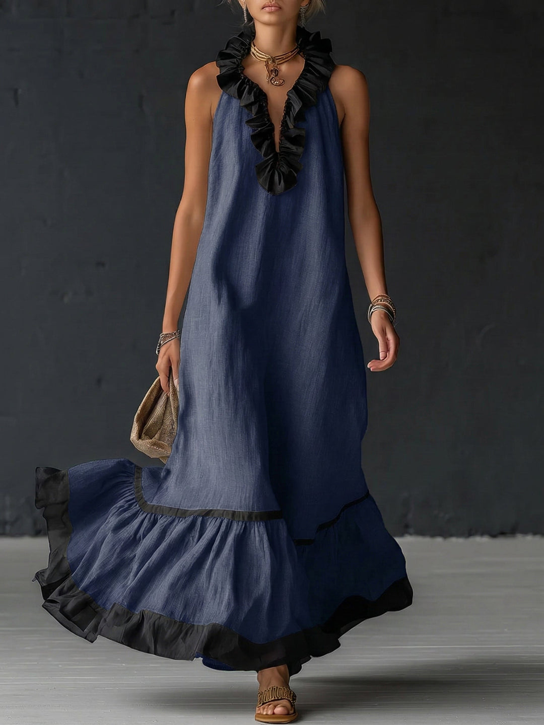 Natja - Rüschenkragen Leinen Maxikleid