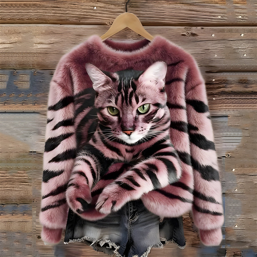 Zohara – Kunstfellpullover Mit Katzenprint