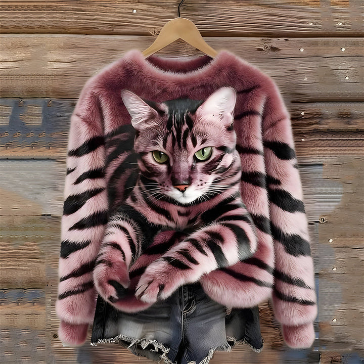 Zohara – Kunstfellpullover Mit Katzenprint