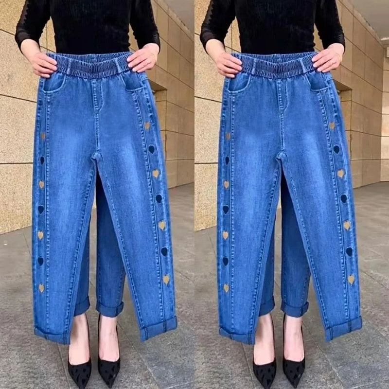 Norberta - Hochelastische Jeans mit Herz Muster