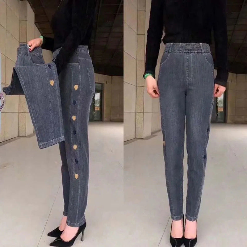 Norberta - Hochelastische Jeans mit Herz Muster