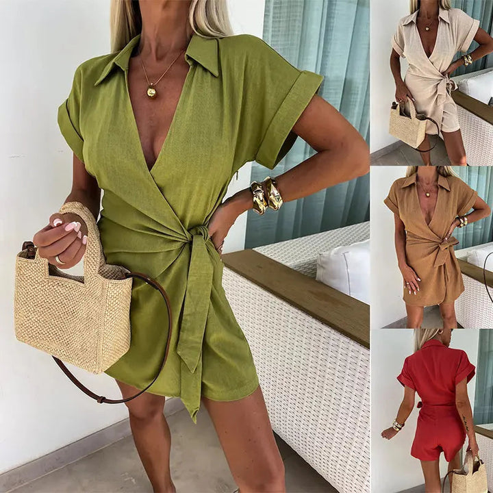 Harmke – Kurzarm Jumpsuit mit V-Ausschnitt