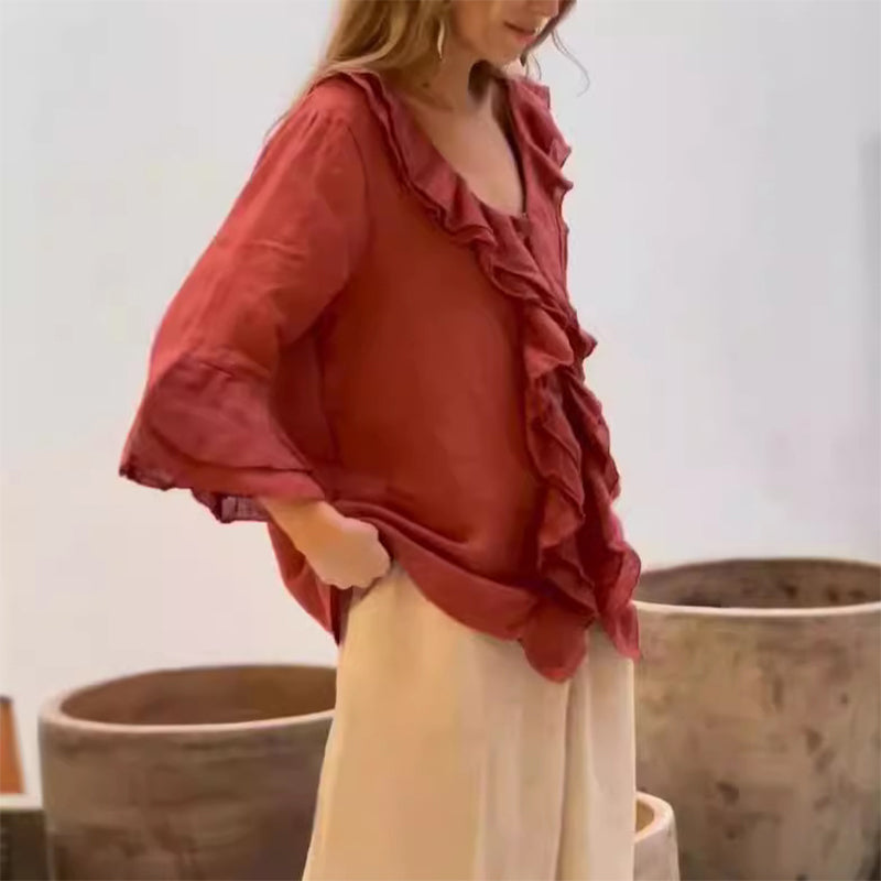 Gretha – Bluse mit Rüschenkragen und Ärmeln mit Glocken
