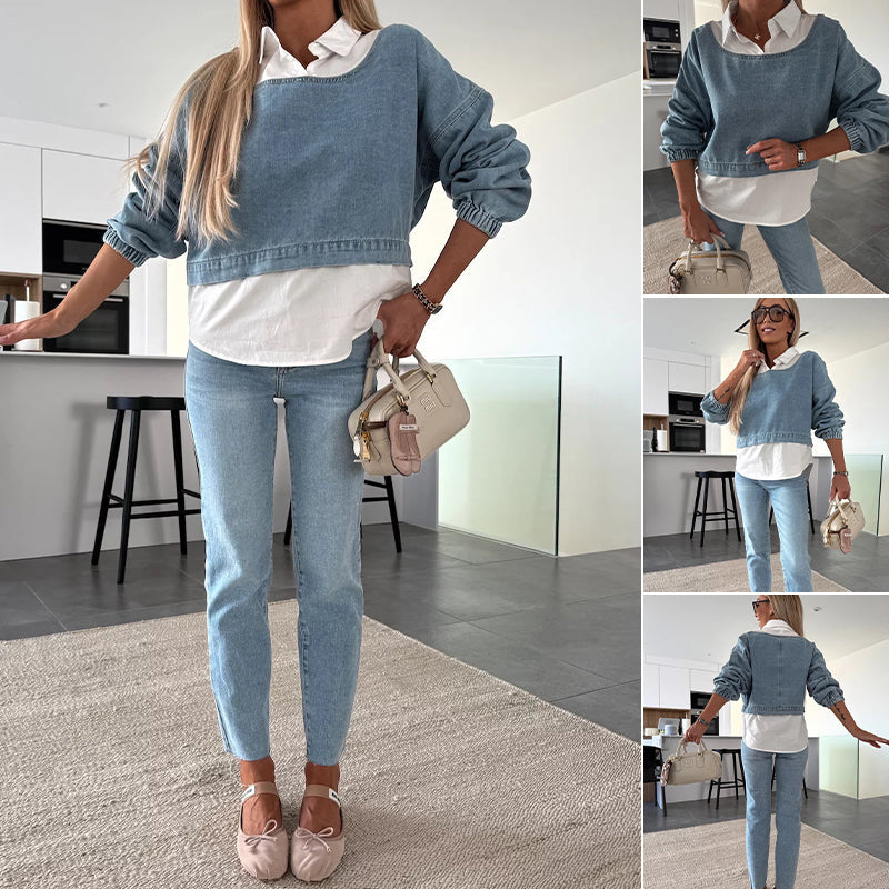 Nadira – Langärmliges Jeans-Oberteil und -Hose im Setz