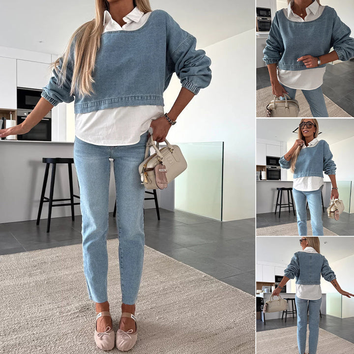 Nadira – Langärmliges Jeans-Oberteil und -Hose im Setz
