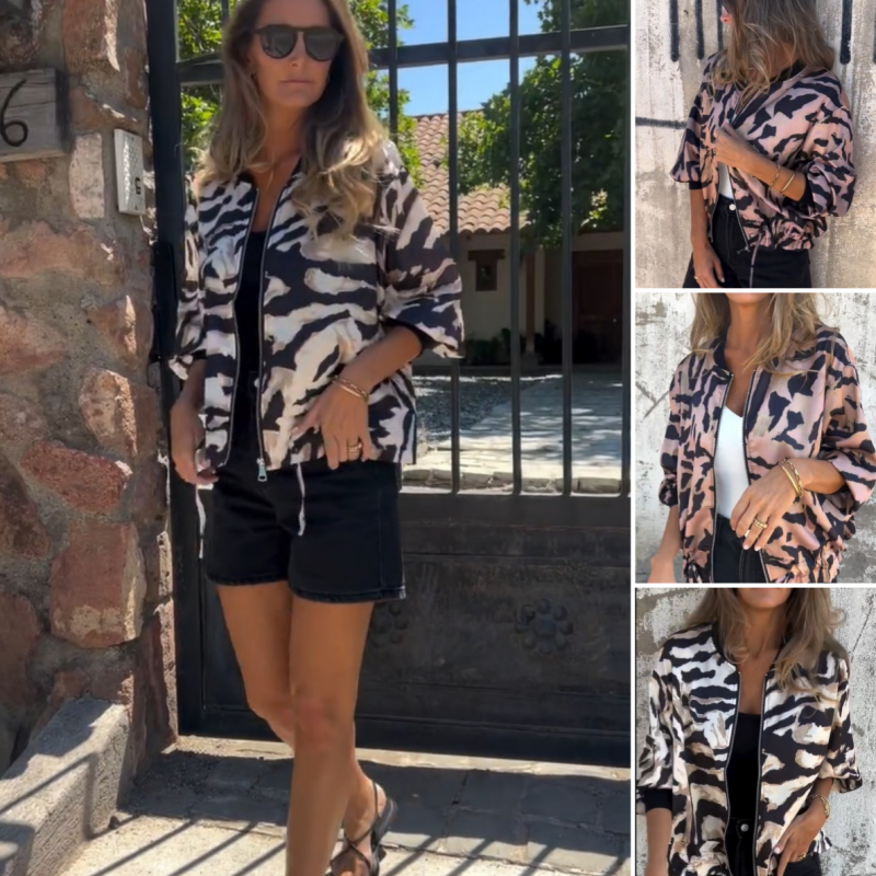 Leezi - Zebra Drucke Zip-Up Bomber Jacke