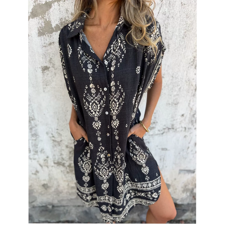 Marjorie - Weites Kleid Mit Print, Kurzen Ärmeln Und Taschen