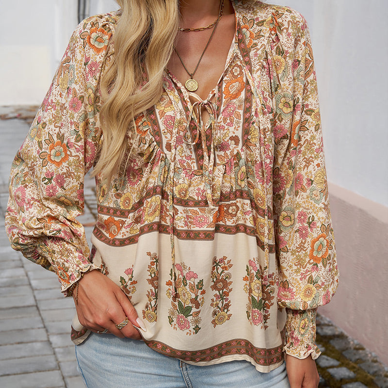 Katia - Modisches Bedrucktes Langarm Shirt Mit V-Ausschnitt