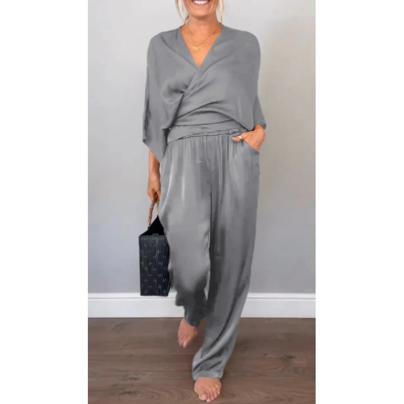 Samira - Top mit V-Ausschnitt Und Hose Aus Merzerisierter Baumwolle
