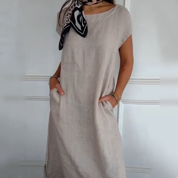 Erietta – Leinen Kleid Mit Rundhalsausschnitt Und Lockerer Passform