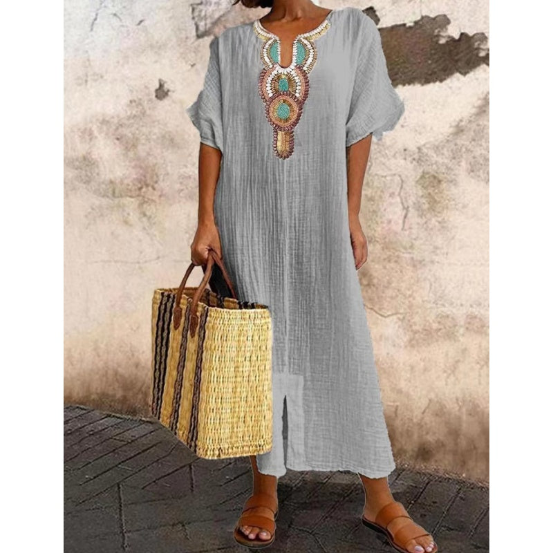 Lioba – Lässiges Leinenkleid Mit Stickerei Und Schlitz