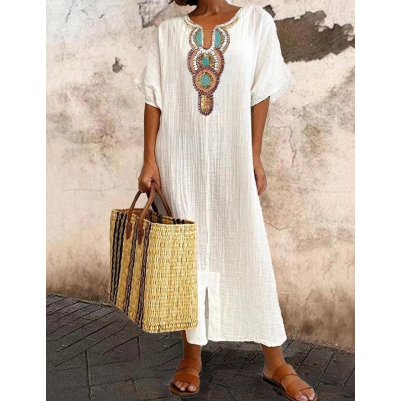 Lioba – Lässiges Leinenkleid Mit Stickerei Und Schlitz