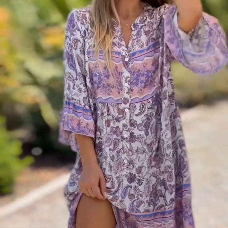 Suelen - Stylisches Kleid Mit V-Ausschnitt Und Blumenmuster