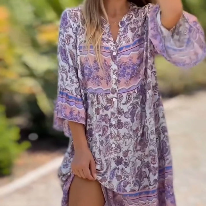 Suelen - Stylisches Kleid Mit V-Ausschnitt Und Blumenmuster