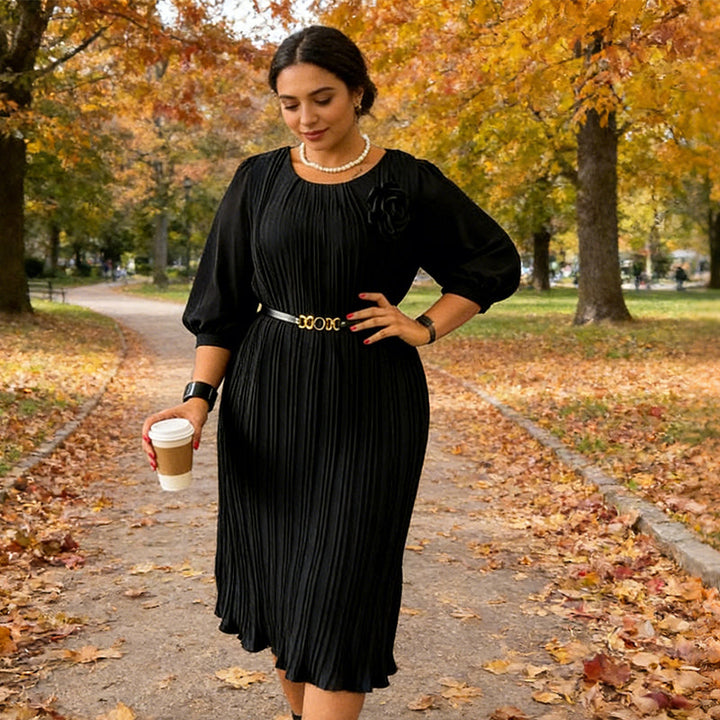 Ingeborga – Plissee Midikleid Mit 3/4-Ärmeln Und Gürtel