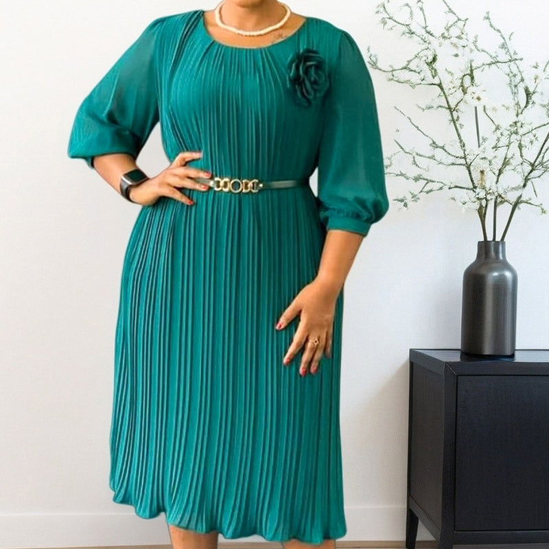 Ingeborga – Plissee Midikleid Mit 3/4-Ärmeln Und Gürtel
