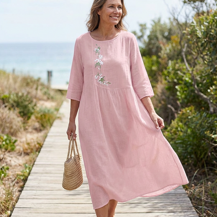 Molaka – Bequemes Besticktes Midikleid Aus Leinen