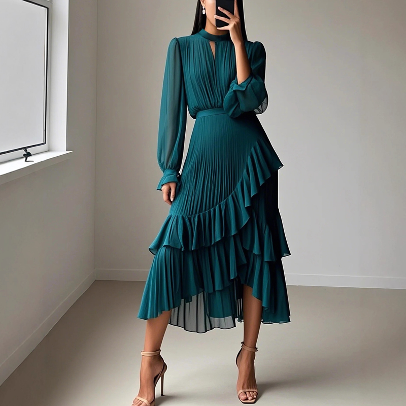 Daryna – Plissiertes Midikleid Mit Schlüssellochausschnitt