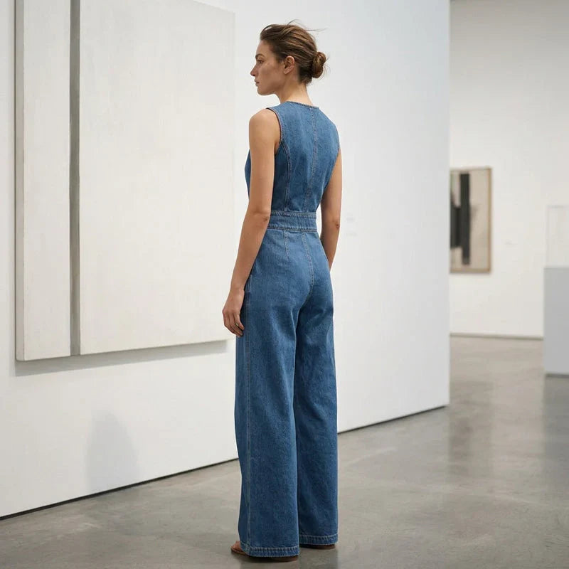 Laurien – Ärmelloser, asymmetrischer Denim-Wickel-Jumpsuit